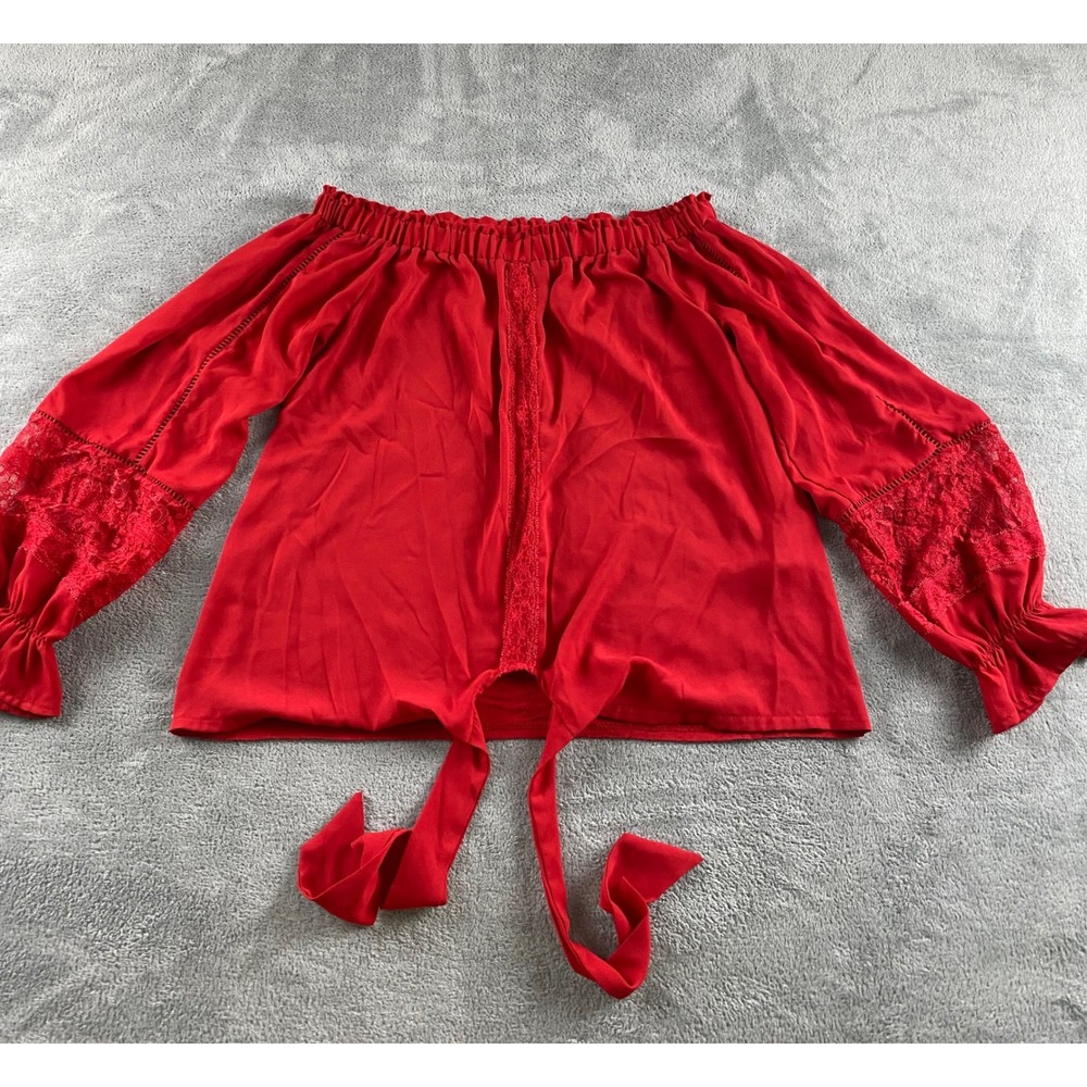 INC International Concepts Red Off The Shoulder Lace Tie Front Blouse Small‎ - Picture 2 of 13